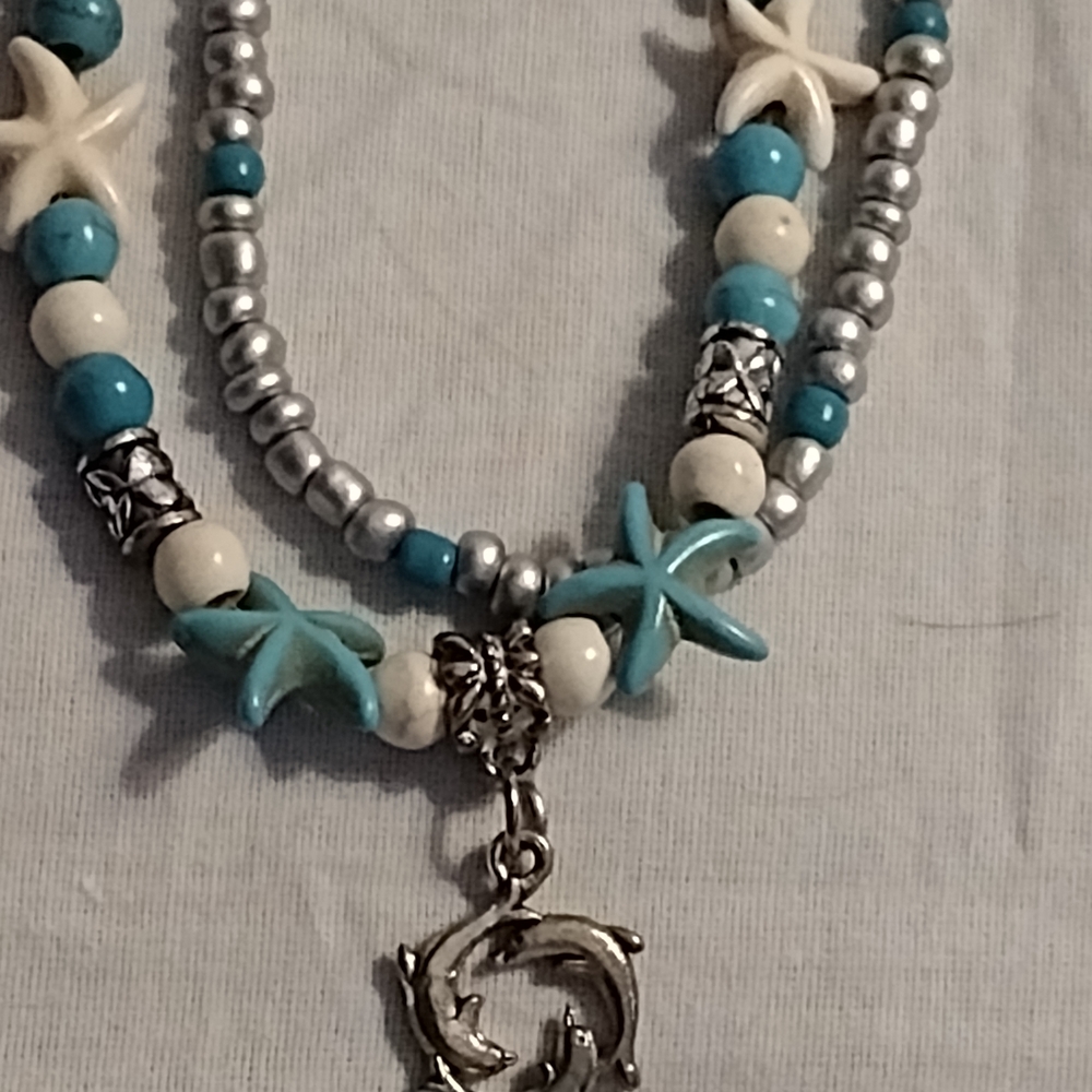 Starfish Charm Beaded Necklace - Blue and Silver - Picture 3 of 10